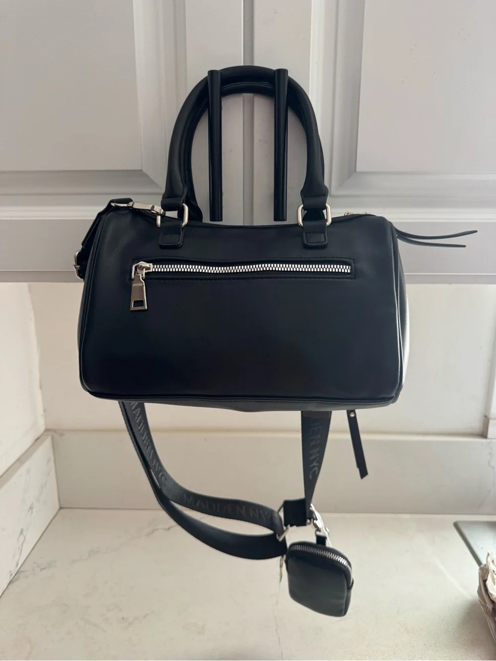 NWT- core barrel Madden NYC Black Satchel with Wide Logo Strap.